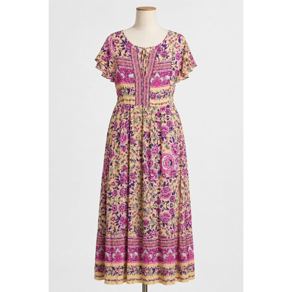 Rusttydustty Plus Size 3XL Yellow Purple Floral Border Print Maxi Dress New